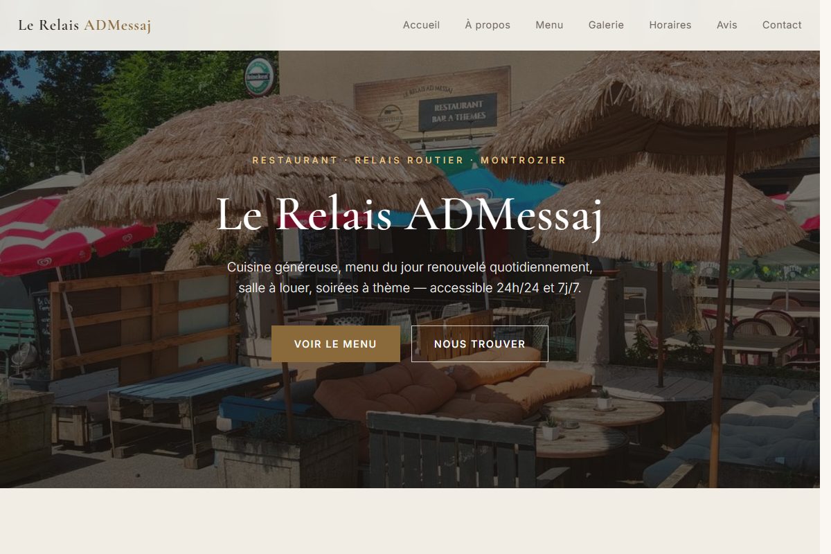 Aperçu du site lerelaisadmessaj.fr : page d'accueil du restaurant Le Relais ADMessaj